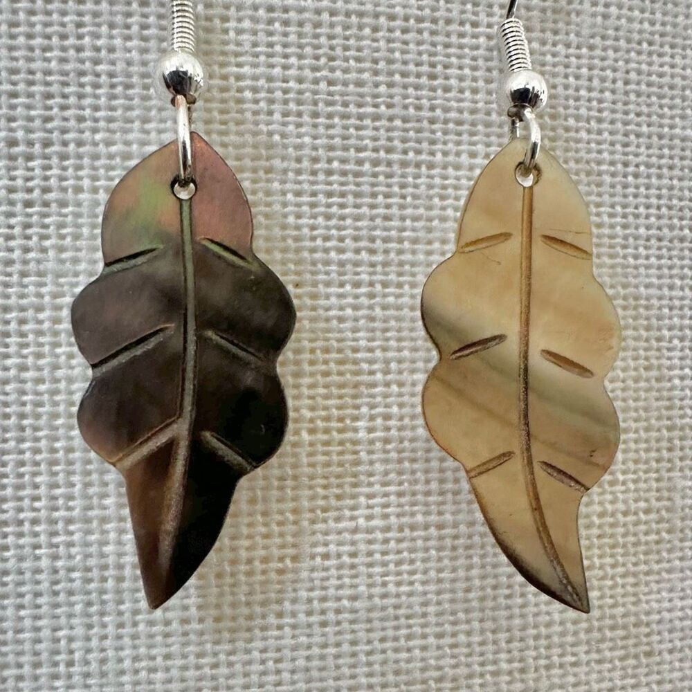 🍃 Hand-Carved Abalone & Mother of Pearl Leaf Earrings - Mismatched Pair